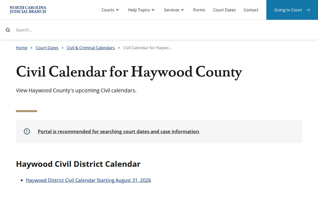 Haywood County civil court docket official civil calendar